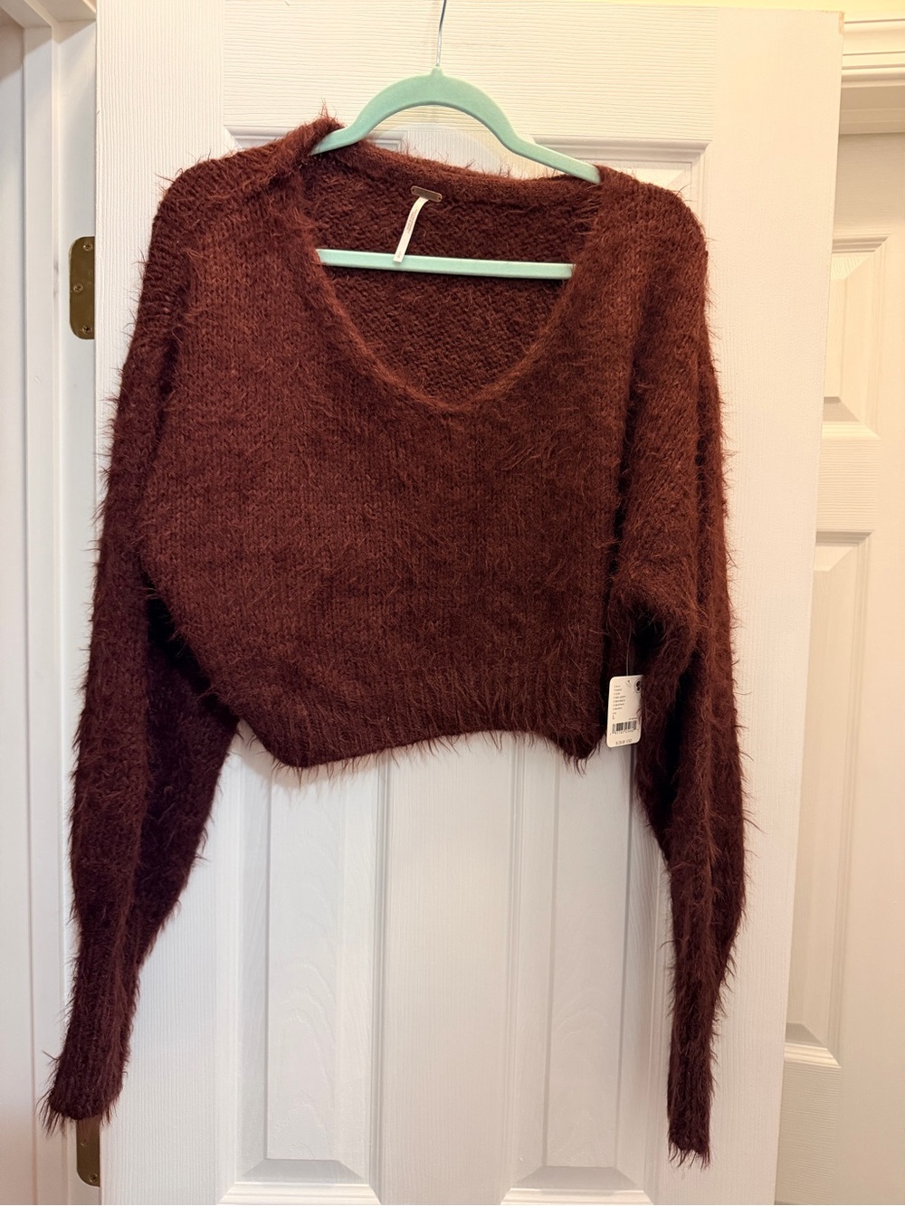 Free People Fuzzy Cropped Scoop Neck Sweater in Deep Brown